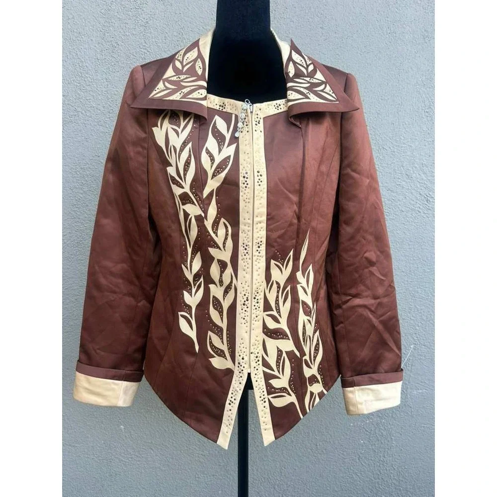 Sample Brown Satin Leaf Applique Rhinestone Blazer Jacket Size 6‎ Bronze Cream